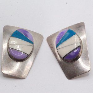 Fred Maloney FM Navajo Sterling Silver Inlay Charoite Lapis Large Post Earrings